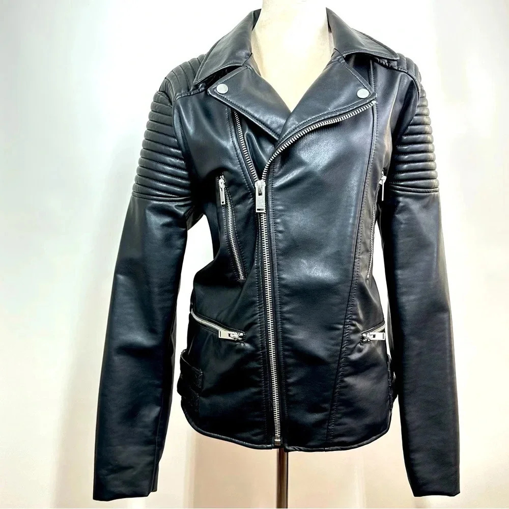Zara Womens Black Faux Leather Moto Jacket Quilted Shoulders  Zipper pockets XL